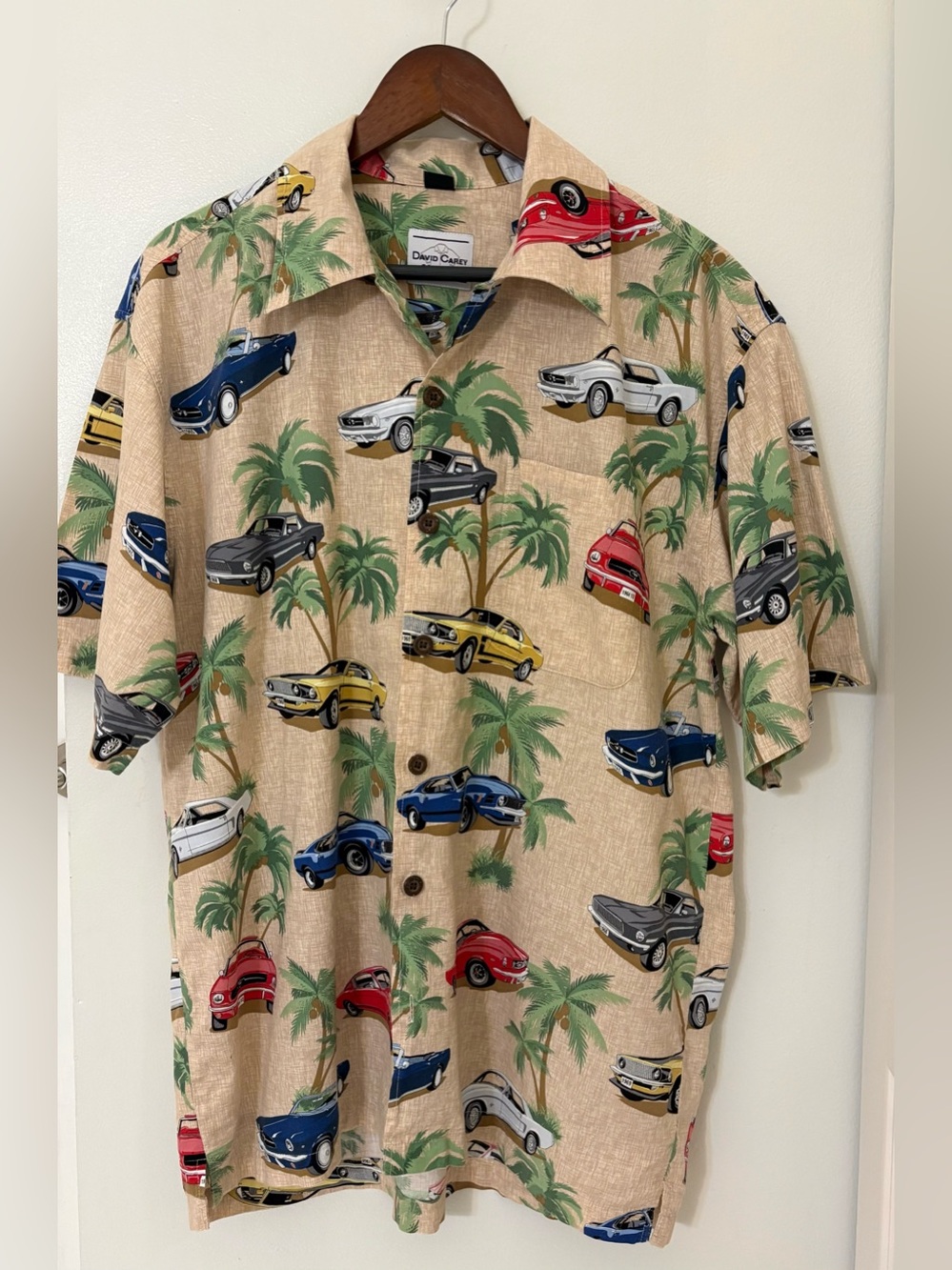 David Carey Ford Old Mustangs & Palm Trees Tropical Car Print Short-Sleeve Sz:L
